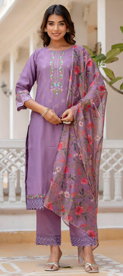 Purple and Violet color Salwar Kameez in Silk fabric with Embroidered, Resham, Thread work