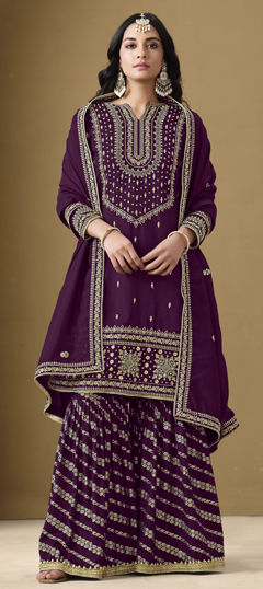 Purple and Violet color Salwar Kameez in Art Silk fabric with Embroidered, Resham, Sequence, Thread work