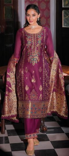 Purple and Violet color Salwar Kameez in Banarasi Silk fabric with Weaving work