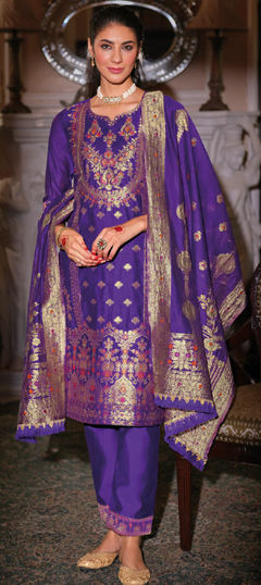 Blue color Salwar Kameez in Banarasi Silk fabric with Weaving work