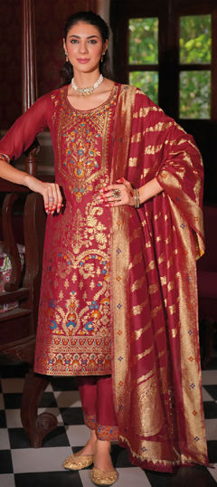 Red and Maroon color Salwar Kameez in Banarasi Silk fabric with Weaving work