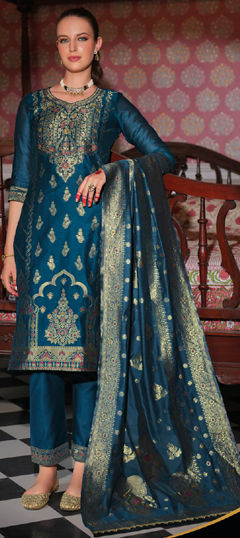 Blue color Salwar Kameez in Banarasi Silk fabric with Weaving work