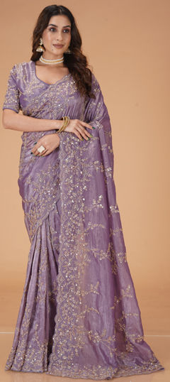 Purple and Violet color Saree in Georgette fabric with Bugle Beads, Cut Dana, Sequence work