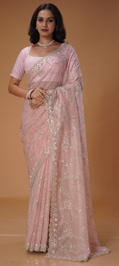 Pink and Majenta color Saree in Organza Silk, Tissue fabric with Cut Dana, Sequence, Thread work