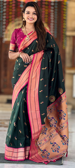 Green color Saree in Banarasi Silk fabric with Weaving, Zari work