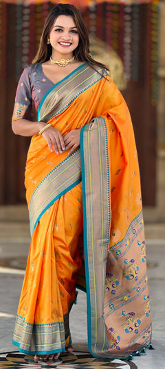 Yellow color Saree in Banarasi Silk fabric with Weaving, Zari work
