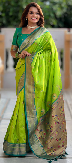 Green color Saree in Banarasi Silk fabric with Weaving, Zari work
