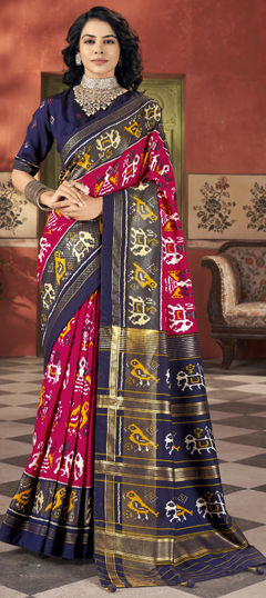 Blue, Pink and Majenta color Saree in Tussar Silk fabric with Foil Print work