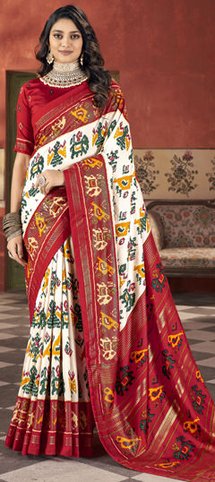 Red and Maroon, White and Off White color Saree in Tussar Silk fabric with Foil Print work