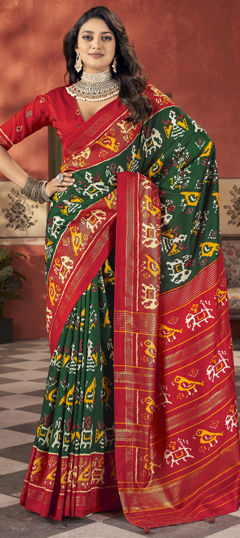 Green, Red and Maroon color Saree in Tussar Silk fabric with Foil Print work