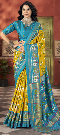 Blue, Yellow color Saree in Tussar Silk fabric with Foil Print work