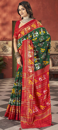 Green, Red and Maroon color Saree in Tussar Silk fabric with Foil Print work