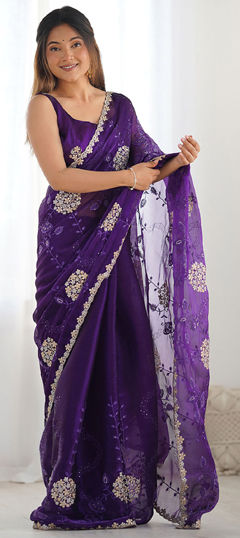 Purple and Violet color Saree in Chiffon fabric with Embroidered, Sequence, Thread, Zari work