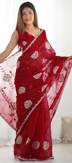 Red and Maroon color Saree in Chiffon fabric with Embroidered, Sequence, Thread, Zari work