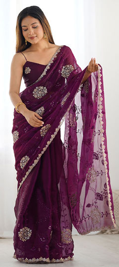 Pink and Majenta color Saree in Chiffon fabric with Embroidered, Sequence, Thread, Zari work