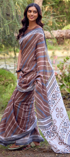 Beige and Brown color Saree in Linen fabric with Printed work