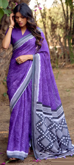 Purple and Violet color Saree in Linen fabric with Printed work