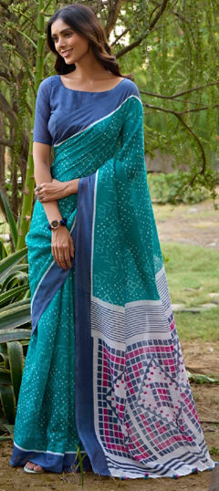 Blue color Saree in Linen fabric with Printed work