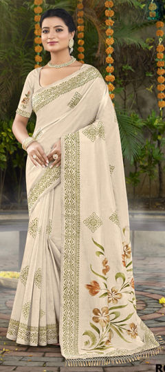 Beige and Brown color Saree in Tussar Silk fabric with Floral, Printed work