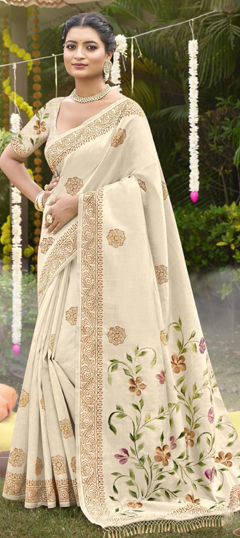 Beige and Brown color Saree in Tussar Silk fabric with Floral, Printed work