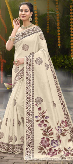 Beige and Brown color Saree in Tussar Silk fabric with Floral, Printed work