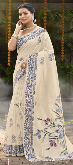 Beige and Brown color Saree in Tussar Silk fabric with Floral, Printed work