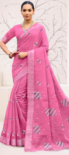 Pink and Majenta color Saree in Linen fabric with Printed work