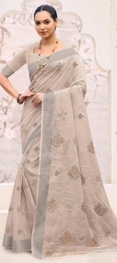 Orange color Saree in Linen fabric with Printed work