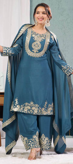 Green color Salwar Kameez in Silk fabric with Embroidered, Sequence, Zari work