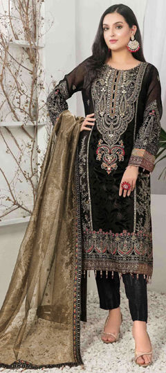 Black and Grey color Salwar Kameez in Velvet fabric with Embroidered, Sequence, Thread work