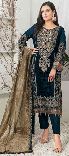 Blue color Salwar Kameez in Velvet fabric with Embroidered, Sequence, Thread work