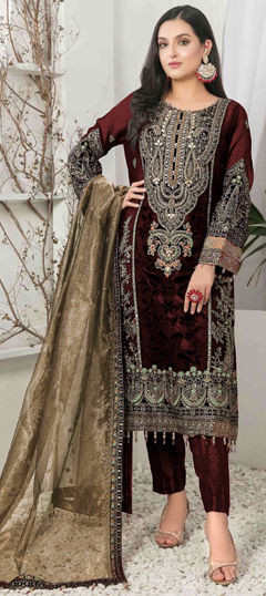 Red and Maroon color Salwar Kameez in Velvet fabric with Embroidered, Sequence, Thread work