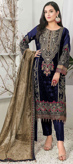 Blue color Salwar Kameez in Velvet fabric with Embroidered, Sequence, Thread work
