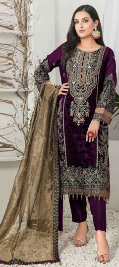 Purple and Violet color Salwar Kameez in Velvet fabric with Embroidered, Sequence, Thread work