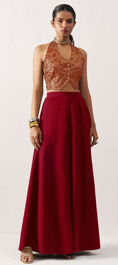 Gold, Red and Maroon color Salwar Kameez in Jacquard fabric with Weaving work