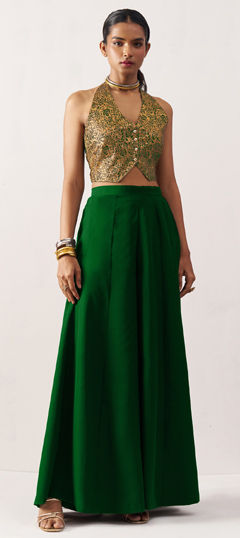Gold, Green color Salwar Kameez in Jacquard fabric with Weaving work