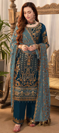 Blue color Salwar Kameez in Faux Georgette fabric with Embroidered, Sequence, Thread work