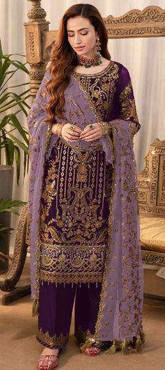 Purple and Violet color Salwar Kameez in Faux Georgette fabric with Embroidered, Sequence, Thread work
