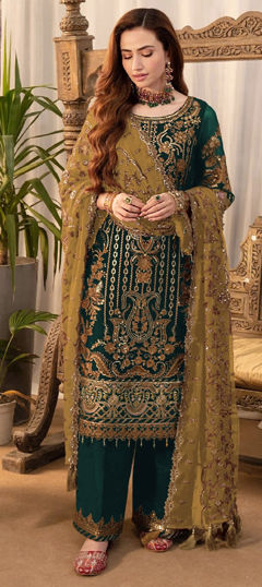 Green color Salwar Kameez in Faux Georgette fabric with Embroidered, Sequence, Thread work