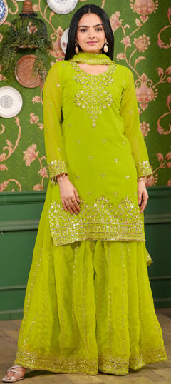 Green color Salwar Kameez in Georgette fabric with Embroidered, Sequence, Thread work