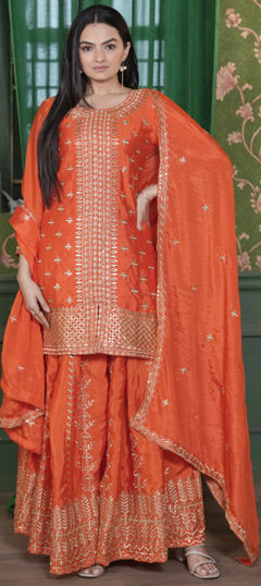 Orange color Salwar Kameez in Silk fabric with Embroidered, Sequence, Thread work