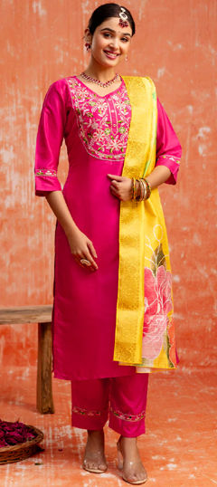 Pink and Majenta color Salwar Kameez in Blended, Silk fabric with Embroidered, Resham, Thread work