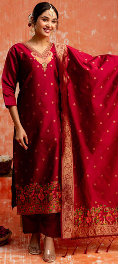 Red and Maroon color Salwar Kameez in Cotton fabric with Embroidered, Resham, Thread work