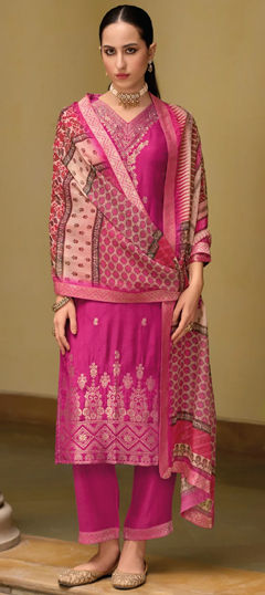 Pink and Majenta color Salwar Kameez in Viscose fabric with Weaving, Zari work