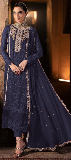 Blue color Salwar Kameez in Faux Georgette fabric with Embroidered, Resham, Thread work