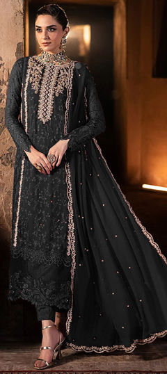 Black and Grey color Salwar Kameez in Faux Georgette fabric with Embroidered, Resham, Thread work