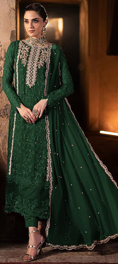 Green color Salwar Kameez in Faux Georgette fabric with Embroidered, Resham, Thread work