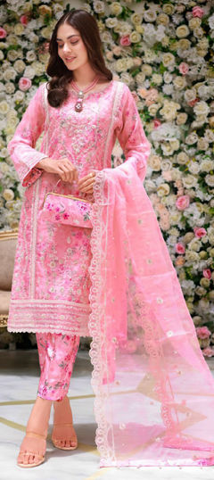 Pink and Majenta color Salwar Kameez in Organza Silk fabric with Embroidered, Sequence, Thread work