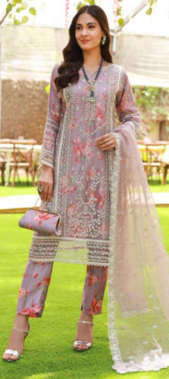 Black and Grey color Salwar Kameez in Organza Silk fabric with Embroidered, Sequence, Thread work
