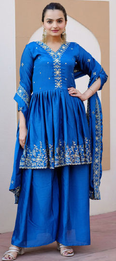 Blue color Salwar Kameez in Silk fabric with Embroidered, Sequence, Thread work